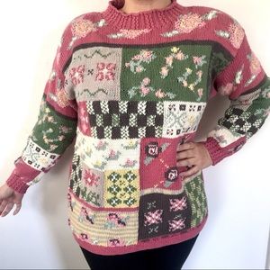 Vintage 1980’s floral knit sweater patchwork roses pink green granny core